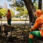 Trabalhadores da limpeza urbana atuam em área pública de Palmas durante período de calor intenso