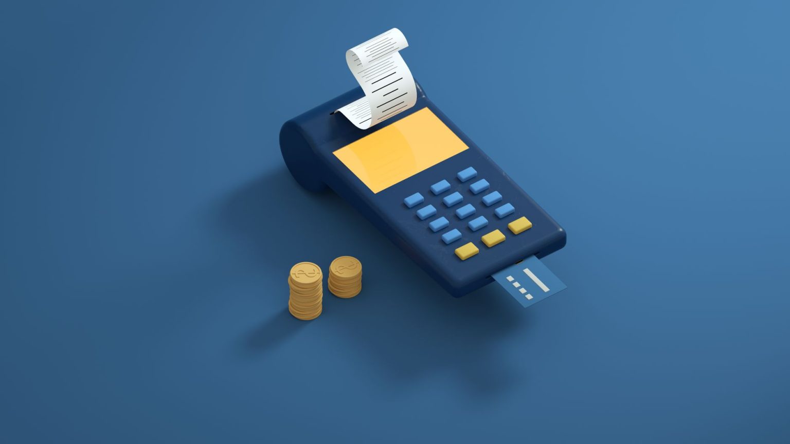 Terminal de pagamento azul ao lado de um recibo e moedas douradas sobre fundo azul.